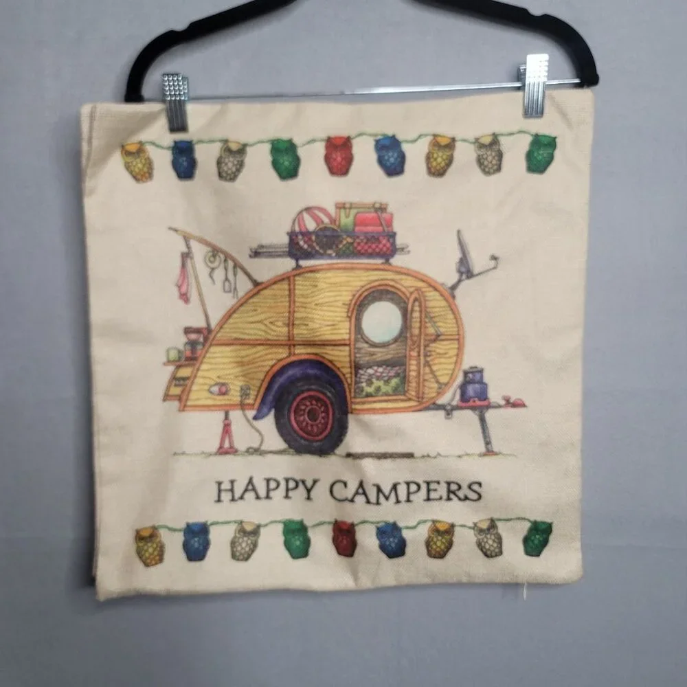 2 Happy Campers Pillow Covers Indoor Outdoor Owls Trailers Zip 17.5 x 17.5
